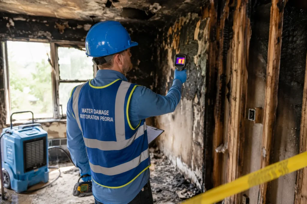 Technician performing an emergency fire damage assessment in Peoria, IL.
