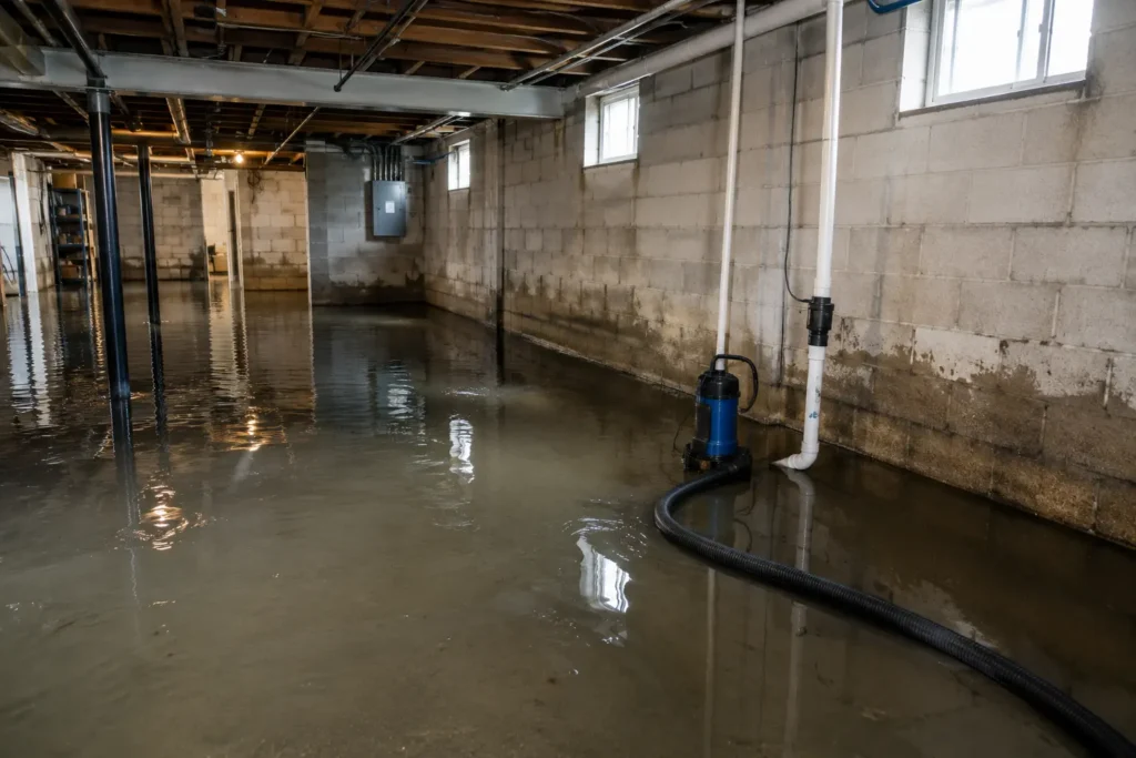 Flooded basement cleanup Peoria IL water extraction setup