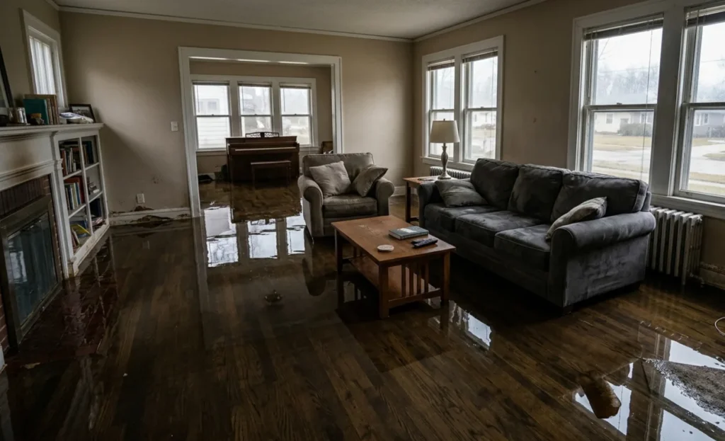 Flood cleanup Peoria IL flooded living room first 24 hours