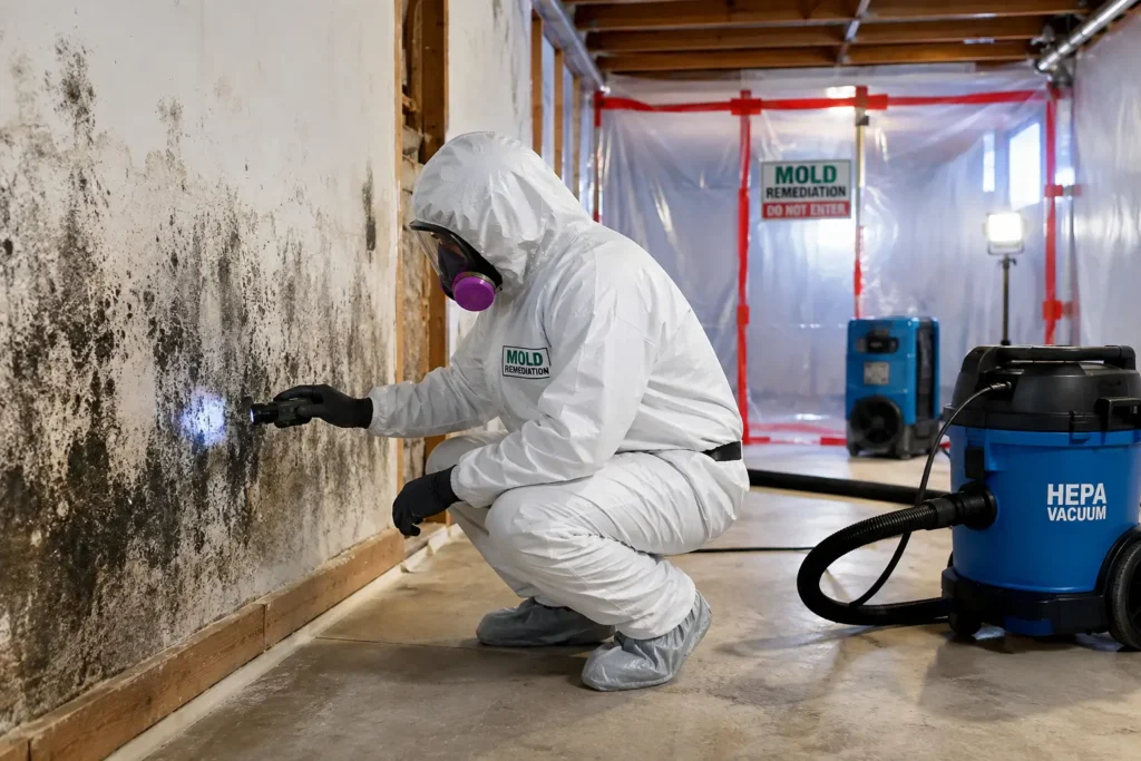 Mold remediation Peoria IL technician inspecting basement