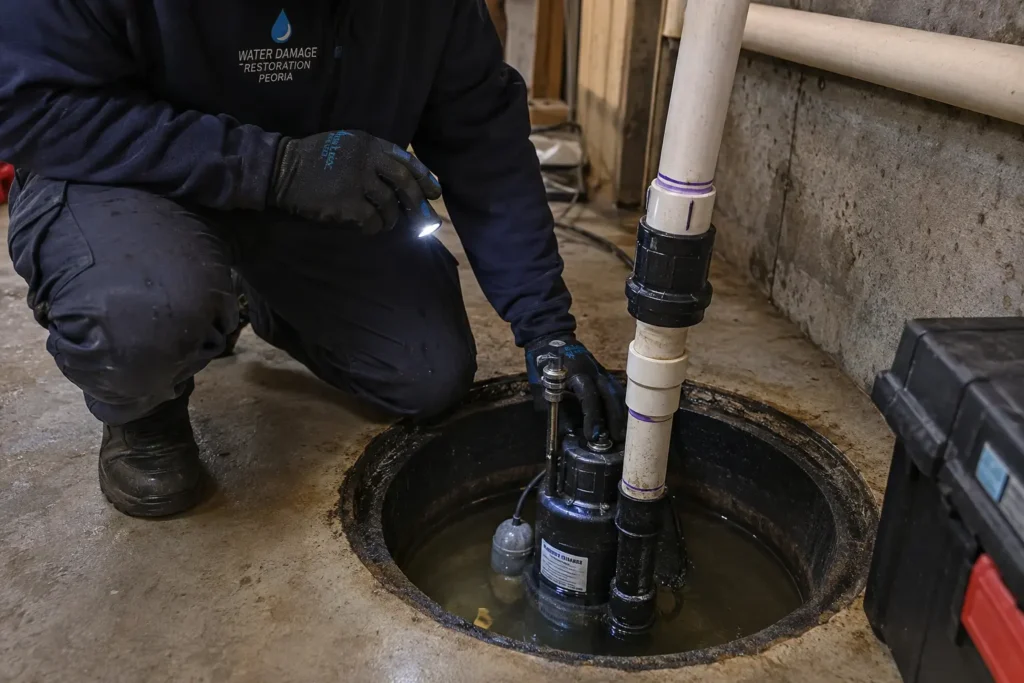 Sump pump repair Peoria IL technician inspecting pit