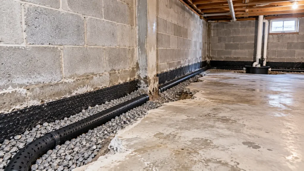 Basement waterproofing Peoria IL interior drain tile installation