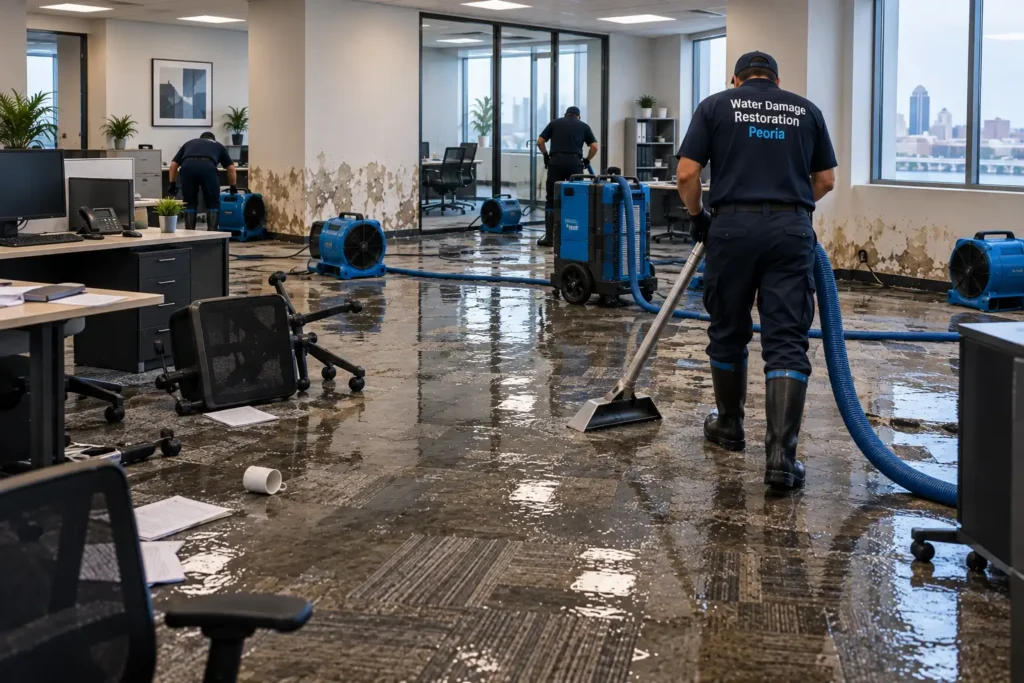 Commercial water damage restoration Peoria IL flooded office space