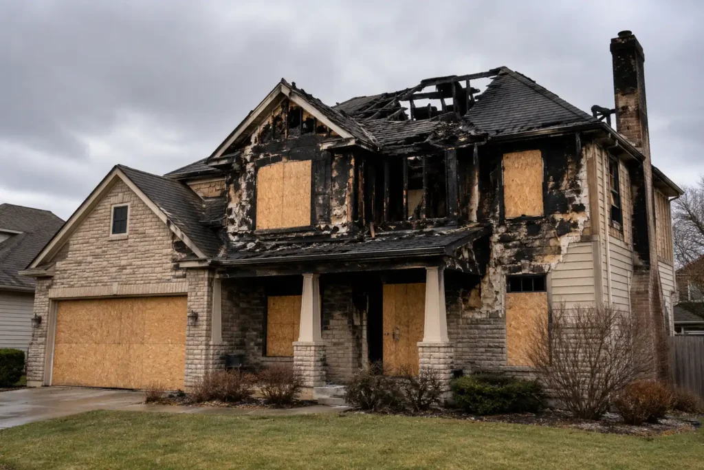 Fire damage restoration Peoria IL home exterior after house fire