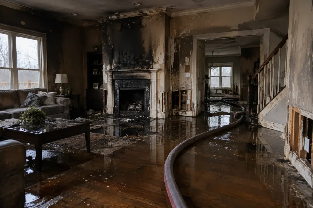 Fire hose water damage Peoria IL interior suppression flooding