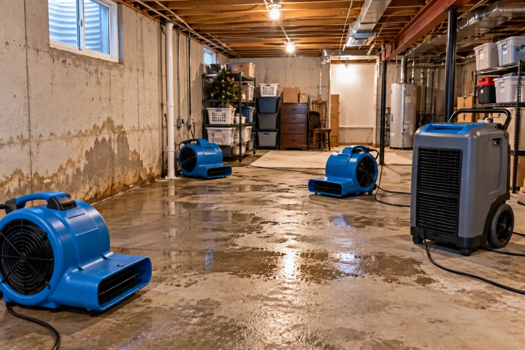 Residential water damage Peoria IL structural drying basement home