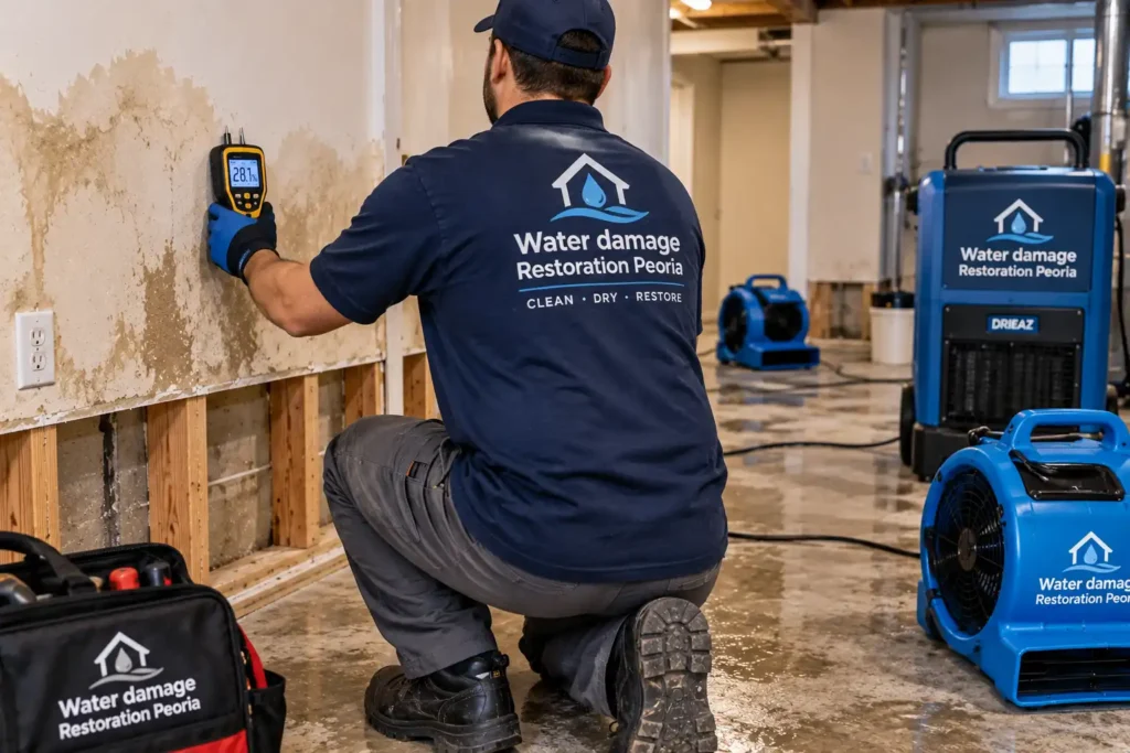 Structural drying Peoria IL moisture meter wall reading check