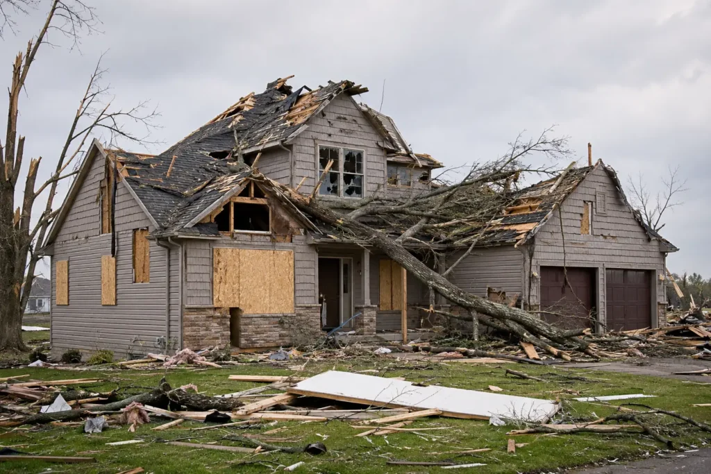 Tornado damage restoration Peoria IL home missing roof