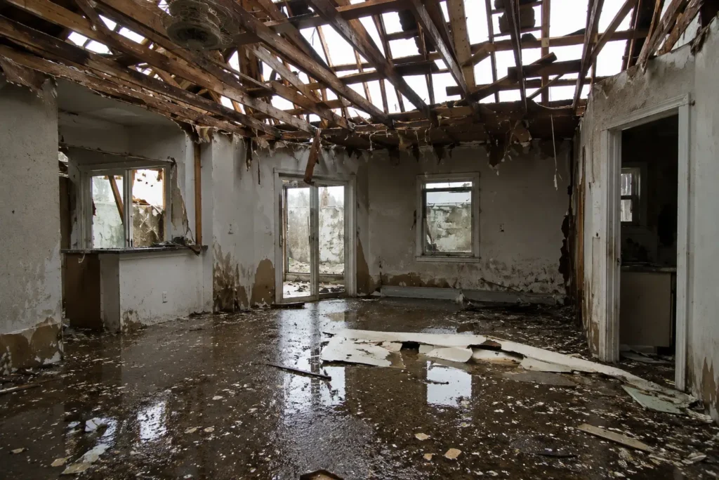 Tornado damage water intrusion Peoria IL interior ceiling