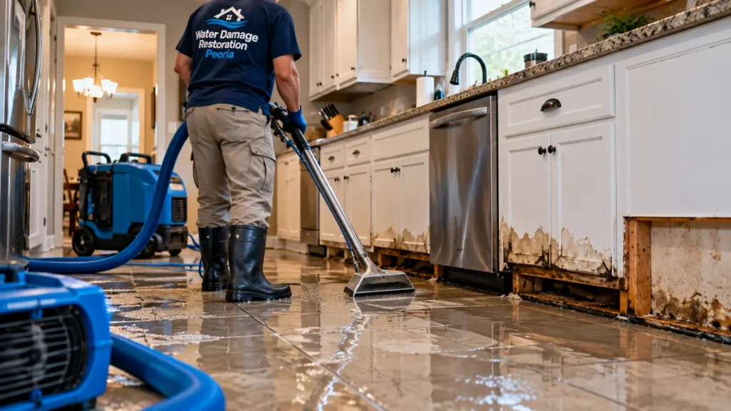 Burst pipe water damage cleanup Peoria IL kitchen extraction