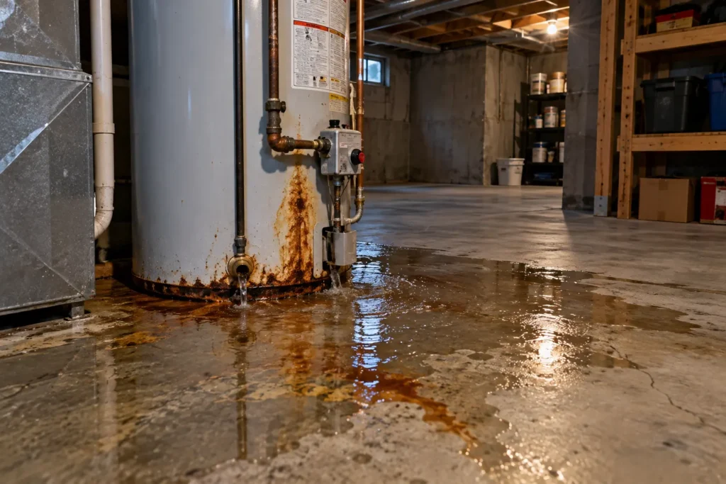 Water heater leak cleanup Peoria IL basement failed tank